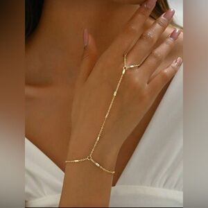 Gold Tone Hand Chain Bracelet Ring Adjustable Link Boho Statement Jewelry